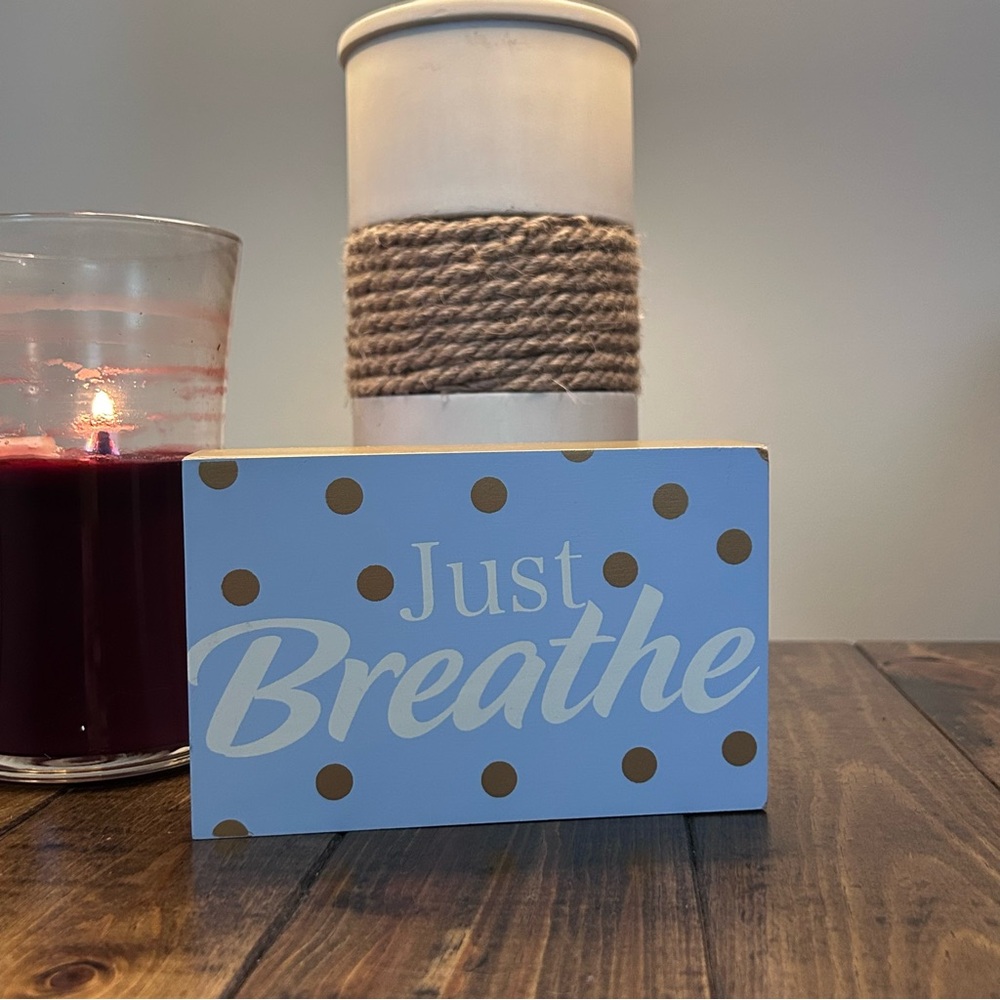 “Just Breathe” Sign Blue, White & Gold Wooden Coffee Table Decor